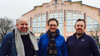 U2 fans Geoff Caves, Brendan Mulgrew and Martin McCarney outside the King's Hall in Belfast
