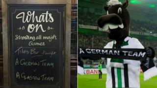 Sign at pub and Gladbach mascot with scarf
