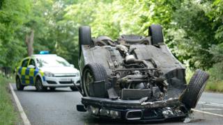 Car ar ei ben i lawr gyd char heddlu yn y cefndir