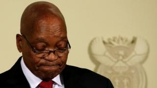 South Africa's President Jacob Zuma looks down as he speaks at the Union Buildings in Pretoria, South Africa, February 14, 2018.
