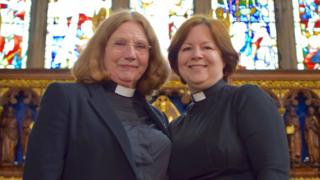 Anglesey clerics Angela Williams and Tracy Jones in Bangor Cathedral