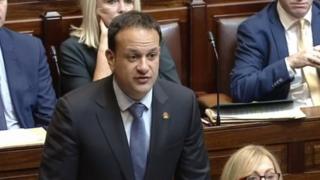 Taoiseach Leo Varadkar wears a 'Shamrock Poppy' in parliament in Dublin. Photo: 7 November 2017