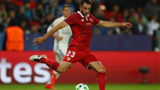 Le défenseur français Adil Rami lors d'un match de la super coupe de l'UEFA contre le Real Madrid en août 2016 en Norvège