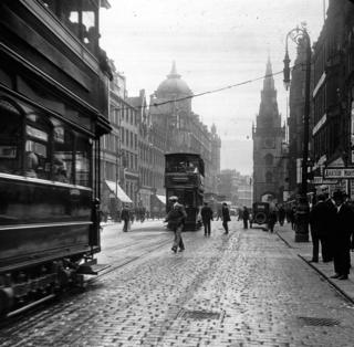 The Trongate - at the tram spot outside Britannia Panopticon Music Hall, where Stan Laurel made his debut.