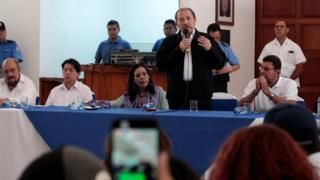 Nicaraguan President Daniel Ortega with Vice-President Rosario Murillo attend first round of dialogue in Managua, Nicaragua May 16, 2018.