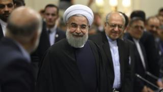 Iranian President Hassan Rouhani attends a meeting with French ministers and representatives of the Movement of the Enterprises of France (MEDEF) in Paris on 27 January 2016