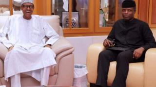 Rais Muhammadu Buhari (kushoto) na makamu wake Yemi Osinbajo