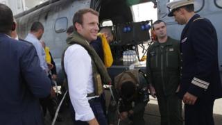 President Emmanuel Macron boards a helicopter towards the French Caribbean islands of Saint-Martin and Saint-Barthelemy, 12 September