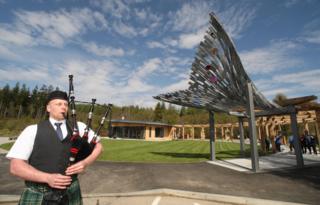 Piper at the new Falls of Shin Visitor Centre
