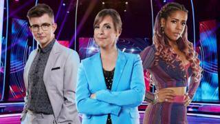 Judges Gareth Malone and singer Kelis with host Mel Giedroyc