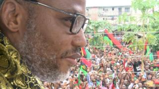 Leader of Indigenous People of Biafra (IPOB) Nnamdi Kanu greets supporters in Umuahia