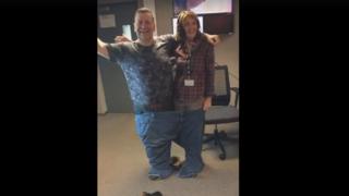 Tom and Kaye both fit into his old pair of jeans