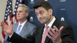 US Speaker of the House Republican Paul Ryan (R) gestures during a news conference beside House Majority Leader Republican Kevin McCarthy (L), following a Republican conference meeting on Capitol Hill in Washington, DC, USA, 28 March 2017
