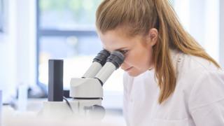 Scientist looking in microscope