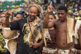 Members of the Khoisan community attend the African National Congress's (ANC) 106th anniversary celebration at Absa Stadium in East London on January 13, 2018. The new head of South Africa's ruling ANC, Cyril Ramaphosa, pledged on January 13, 2018 to 