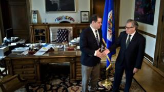 Luis Florido, a member of the opposition in the Venezuelan National Assembly, stands with Luis Almagro, Secretary General of the Organisation of American States, at the Organisation of American States on May 20, 2016 in Washington, DC.