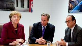写真左からメルケル独首相、キャメロン英首相、オランド仏大統領