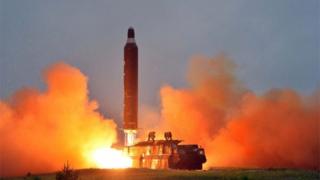 Undated image of a missile launch in North Korea
