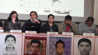 (L to R) Argentine Team of Forensic Anthropology (EAAF) members Mercedes Doretti and Miguel Nieva, mother of one of the missing students Hilda Legideno, the spokesperson for the people from Ayotzinapa Meliton Ortega and lawyer Vidulfo Rosales participate in a press conference in Mexico City on February 9, 2016