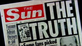 Headline of The Sun, 19 April 1989: "Truth" showing false claims about the Hillsborough victims