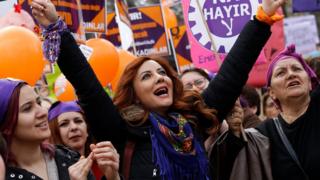 Women shout slogans and hold placards against the upcoming referendum on the presidential reform during a rally on the occasion of International Women"s Day, in Ankara, Turkey, 08 March 2017