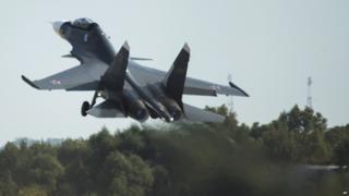 A Russian air force Su-30MKI fighter jet takes off during the MAKS-2015 International Aviation and Space Show in Zhukovsky, outside Moscow