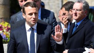 Emmanuel Macron attends a funeral for French Socialist party (PS) lawmaker Corinne Erhel, (10 May)