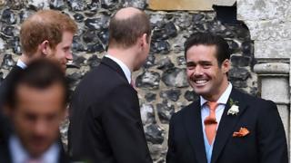 Spencer Matthews, brother of the groom, greets Britain"s Prince William, Duke of Cambridge, and Britain"s Prince Harry
