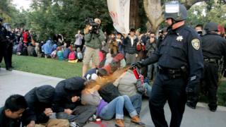 Students at UC Davis are sprayed with pepper spray