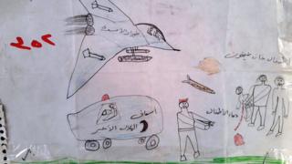 Un dibujo hecho por un niÃ±o refugiado sirio muestra a un aviÃ³n de guerra, una ambulancia y misiles en direcciÃ³n a dos personas que cargan a un niÃ±o herido.