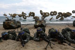 South Korean marines participate in landing operation referred to as Foal Eagle joint military exercise with US troops Pohang seashore on 2 April 2017 in Pohang, South Korea.