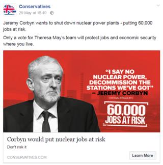 An example of a Conservative attack advert seen by a voter in Derby North, home to a significant nuclear industry