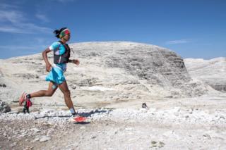 Mira Rai running in the Dolomites