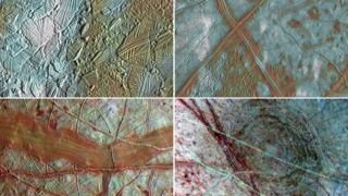 Quatro imagens da superfície de Europa