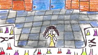 Child's drawing of woman scientist in lab with multicoloured conical flasks