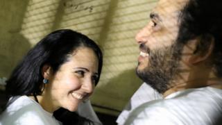 Aya Hijazi and her husband Mohamed Hassanein at a courthouse in Cairo, on 23 March 2017