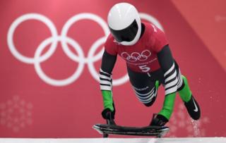 Simidele Adeagbo of Nigeria starts her women's skeleton training session at the Olympic Sliding Centre, during the Pyeongchang 2018 Winter Olympic Games in Pyeongchang, South Korea on February 14, 2018.