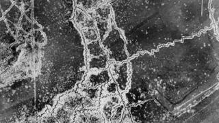 An aerial photograph showing a trench system between Loos and Hulluch
