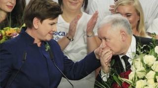 Conservative Law and Justice leader Jaroslaw Kaczynski kisses hand Justice candidate for the Prime Minister Beata Szydlo.
