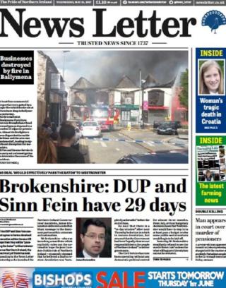 Belfast News Letter front page Wednesday 31 May