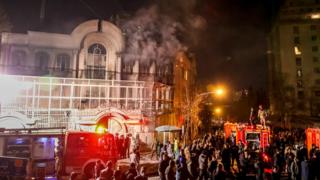 Iranian protesters set fire to the Saudi Embassy in Tehran during a demonstration against the execution of prominent Shiite Muslim cleric Nimr al-Nimr by Saudi authorities, on 2 January 2016.