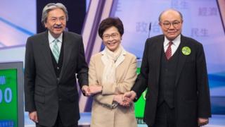 香港3名行政长官候选人曾俊华、林郑月娥及胡国兴出席电视辩论会,这是3人首次同台较量。