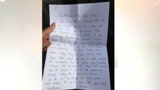 The unsigned note given to Nafeesa Bhayat