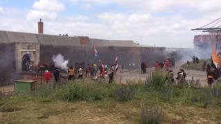 The first land battle of the Royal Marines was re-enacted at Landguard Fort in Suffolk.