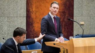 Dutch Minister of Foreign Affairs Halbe Zijlstra (R) and Dutch prime minister Mark Rutte (L) after Zijlstra announced his resignation in the Dutch parliament De Tweede Kamer in The Hague, Netherlands, on 13 February 2018.