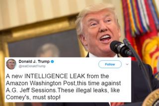 Donald Trump attacks 'illegal' report on Sessions Russian meeting 1 A picture of Donald Trump, overlaid with one of his tweets reading "a new INTELLIGENCE LEAK from the Amazon Washington Post,this time against A.G. Jeff Sessions.These illegal leaks, like Comey's, must stop!"