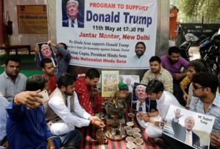 Activists of Hindu Sena, a Hindu right-wing group, perform a special prayer to ensure a victory of Republican U.S. presidential candidate Donald Trump in the upcoming elections, according to a media release, in New Delhi, India May 11, 2016.