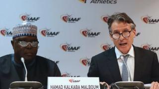 Hamad Kalkaba Malboum (left) and IAAF President Lord Coe (right)