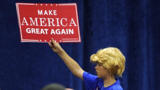 A boy wearing a Trump wig at a Trump rally