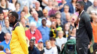 Usain Bolt and Justin Gatlin on the podium at London 2017 World Athletics Championships